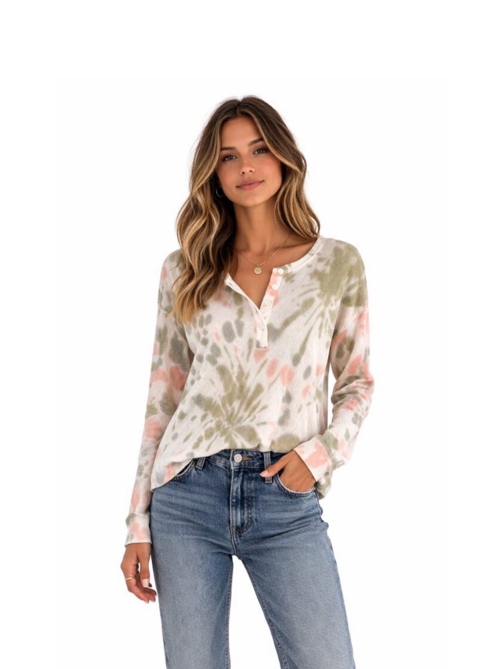 RAILS Cade Waffle Knit Pastel Pink & Green Tie Dye Henley L/S Boho Top S